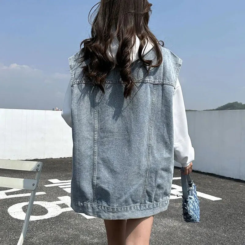 Casual Loose Denim Vest Women Streetwear Blue Black Boyfriend Sleeveless Jackets 2023 Spring Summer Lapel Jean Chalecos Mujer