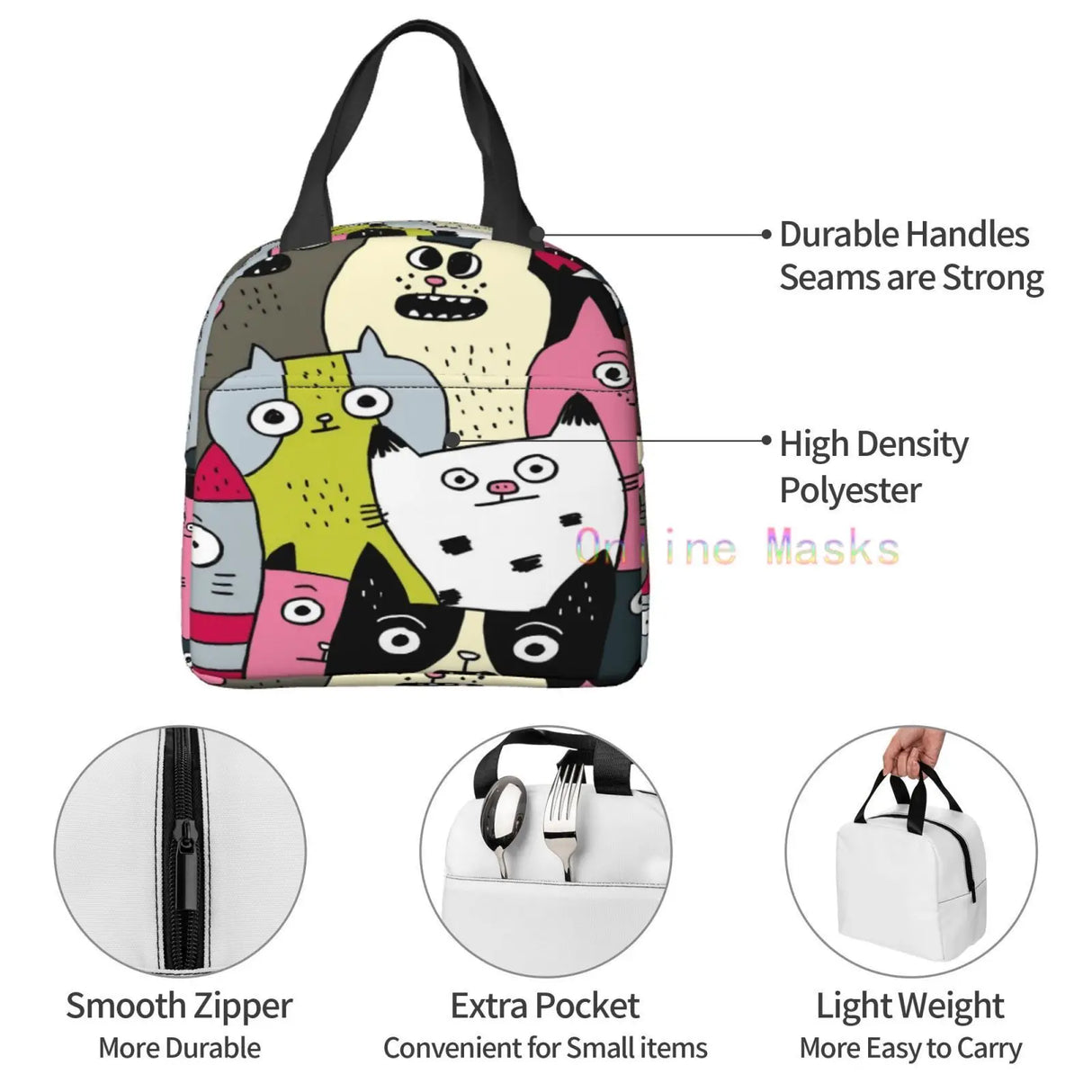 Cat Lunch Bag, Cute Kids Reusable Cooler Lunch Tote Bag Insulated Leakproof Lunch Box Container with Front Pocket for Girls Boys