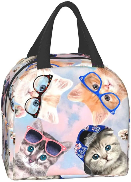 Cat Lunch Bag, Cute Kids Reusable Cooler Lunch Tote Bag Insulated Leakproof Lunch Box Container with Front Pocket for Girls Boys