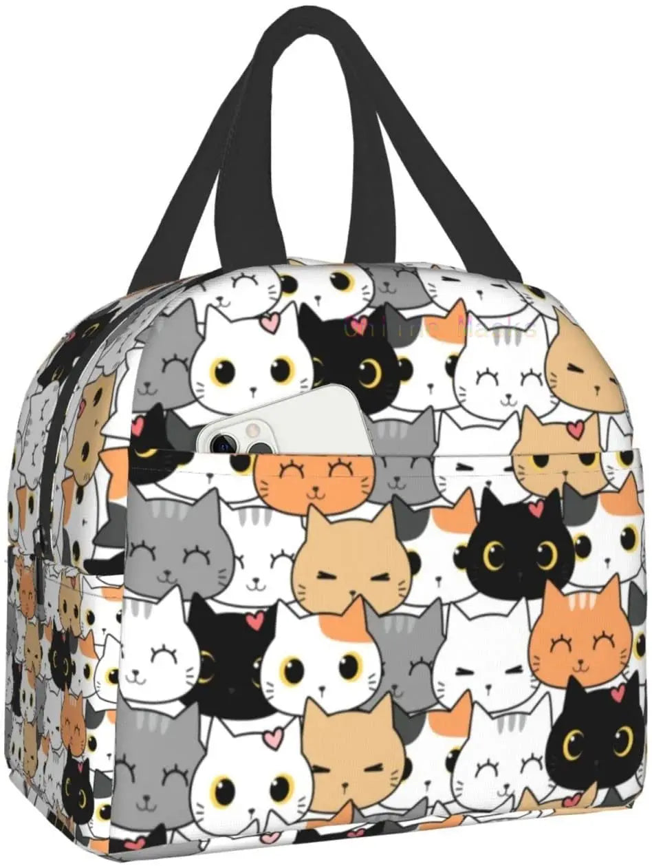 Cat Lunch Bag, Cute Kids Reusable Cooler Lunch Tote Bag Insulated Leakproof Lunch Box Container with Front Pocket for Girls Boys