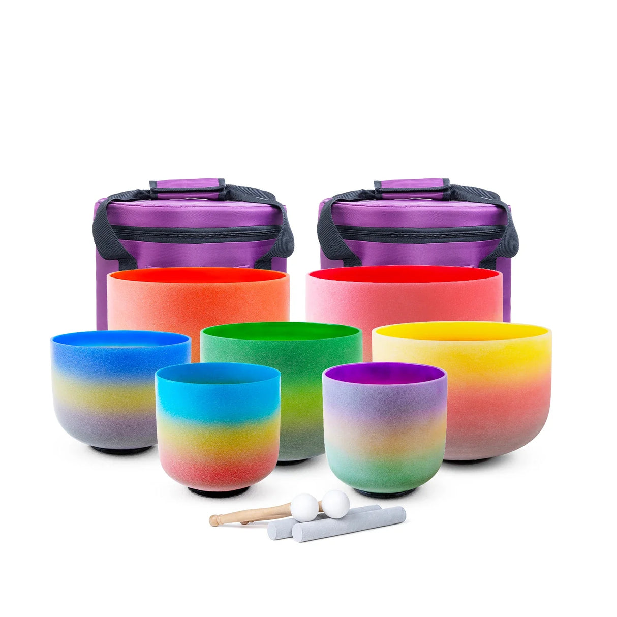 Chakra Set of 7pcs 7"-12" Rainbow Frosted Quartz Crystal Singing Bowl 432Hz/440hz with free bag