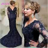 Charming Dark Navy Lace Mermaid Long Sleeves Mother of the Bride Dresses Elegant V-Neck Wedding Party Gowns