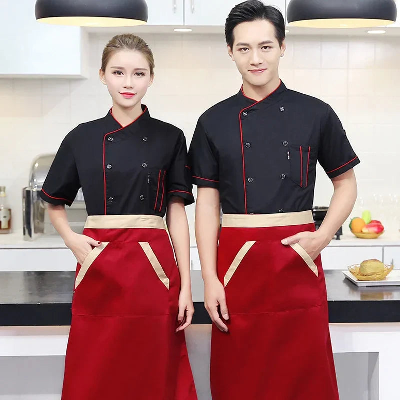 Chefs uniform Short Sleeve Summer Set Restaurant Hotel Kitchen Workwear Men and Women Youth Breathable Thin Jacket + Hat + Apron