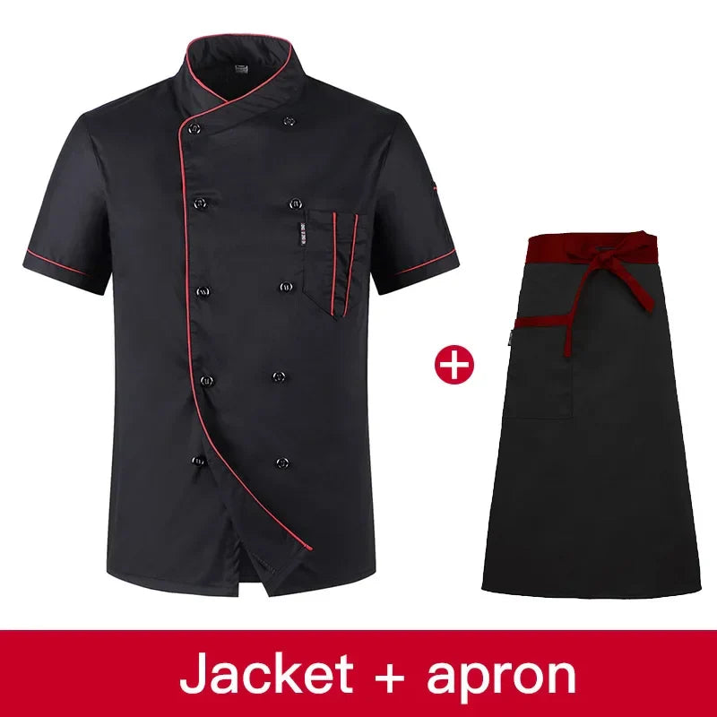 Chefs uniform Short Sleeve Summer Set Restaurant Hotel Kitchen Workwear Men and Women Youth Breathable Thin Jacket + Hat + Apron