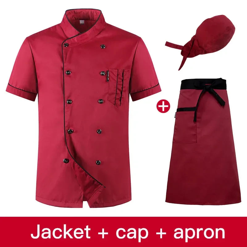 Chefs uniform Short Sleeve Summer Set Restaurant Hotel Kitchen Workwear Men and Women Youth Breathable Thin Jacket + Hat + Apron