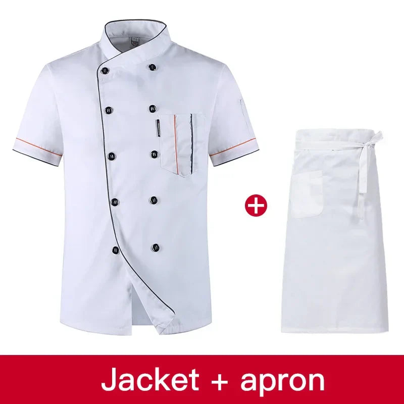 Chefs uniform Short Sleeve Summer Set Restaurant Hotel Kitchen Workwear Men and Women Youth Breathable Thin Jacket + Hat + Apron