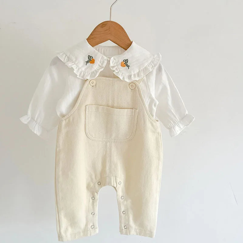 Children Clothes Suit Infant Baby Girls Clothing Set Long Sleeve Embroidered Shirt+Denim Jumpsuit Autumn Spring Clothes Suit