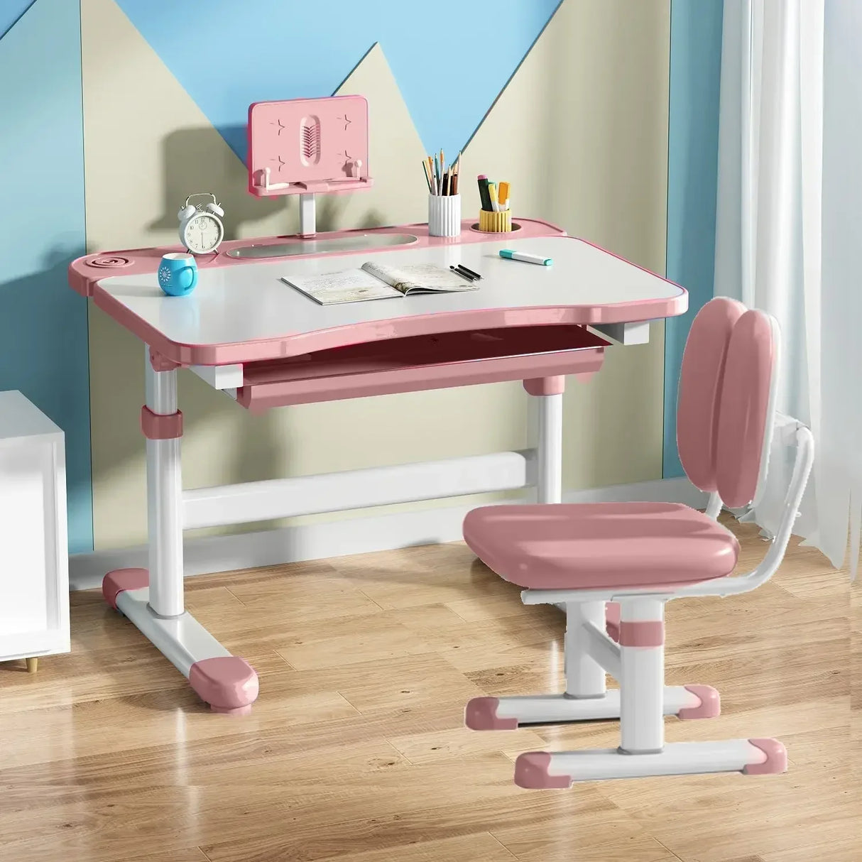 Children Desk and Chair Set Height Adjustable, Kids Study Table with Tilt Desktop, School Workstation Functional Writing Desk