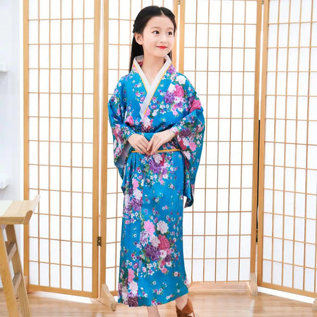 Children Girls Red Japanese Kimono Bathrobe Gown Print Flower Performance Clothing Yukata With Obitage Soft Cosplay Costume