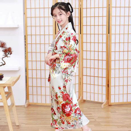 Children Girls Red Japanese Kimono Bathrobe Gown Print Flower Performance Clothing Yukata With Obitage Soft Cosplay Costume