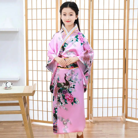 Children Girls Red Japanese Kimono Bathrobe Gown Print Flower Performance Clothing Yukata With Obitage Soft Cosplay Costume