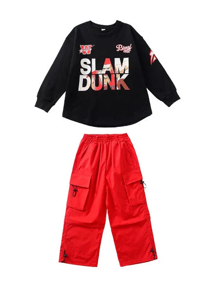 Children Hip-hop Fashion Costume Girls Long Sleeves Tops Red Cargo Pants Kids Jazz Dance Outfits Performance Clothing Stage Wear