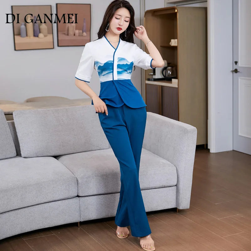 China style Beauty Salon Spa Work Clothes for Women Hotel Foot Bath Saunas Profesionales Masseur Uniform Beautician Overalls Set