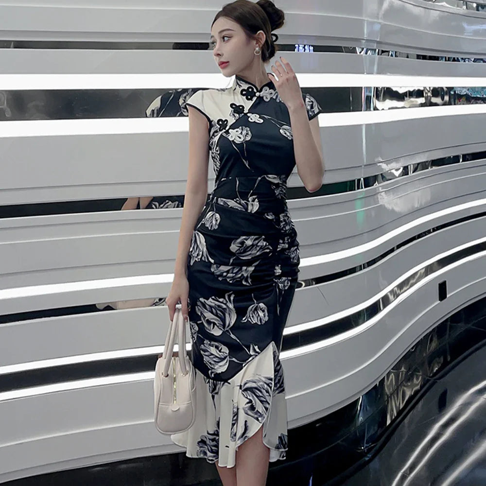 Chinese Dress Vintage Sexy Sleeveless Female Qipao Classic Elegant Mandarin Collar Long Cheongsam Skinny Split Vestidos Mujer