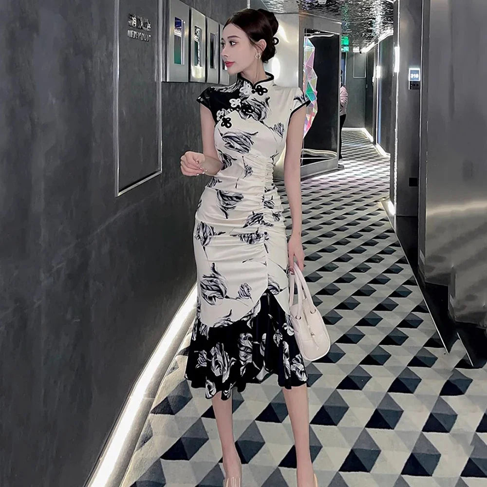 Chinese Dress Vintage Sexy Sleeveless Female Qipao Classic Elegant Mandarin Collar Long Cheongsam Skinny Split Vestidos Mujer