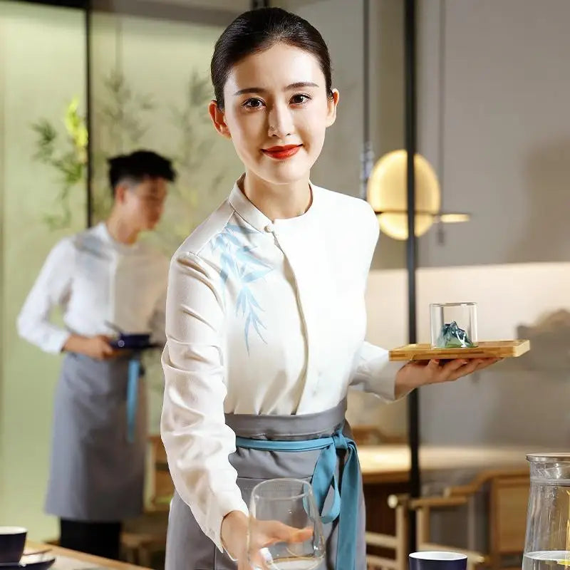 Chinese Style Restaurant Waiters Elegant Working Clothes Women Men Catering Fashion Long Sleeves Top Apron Set Uniform