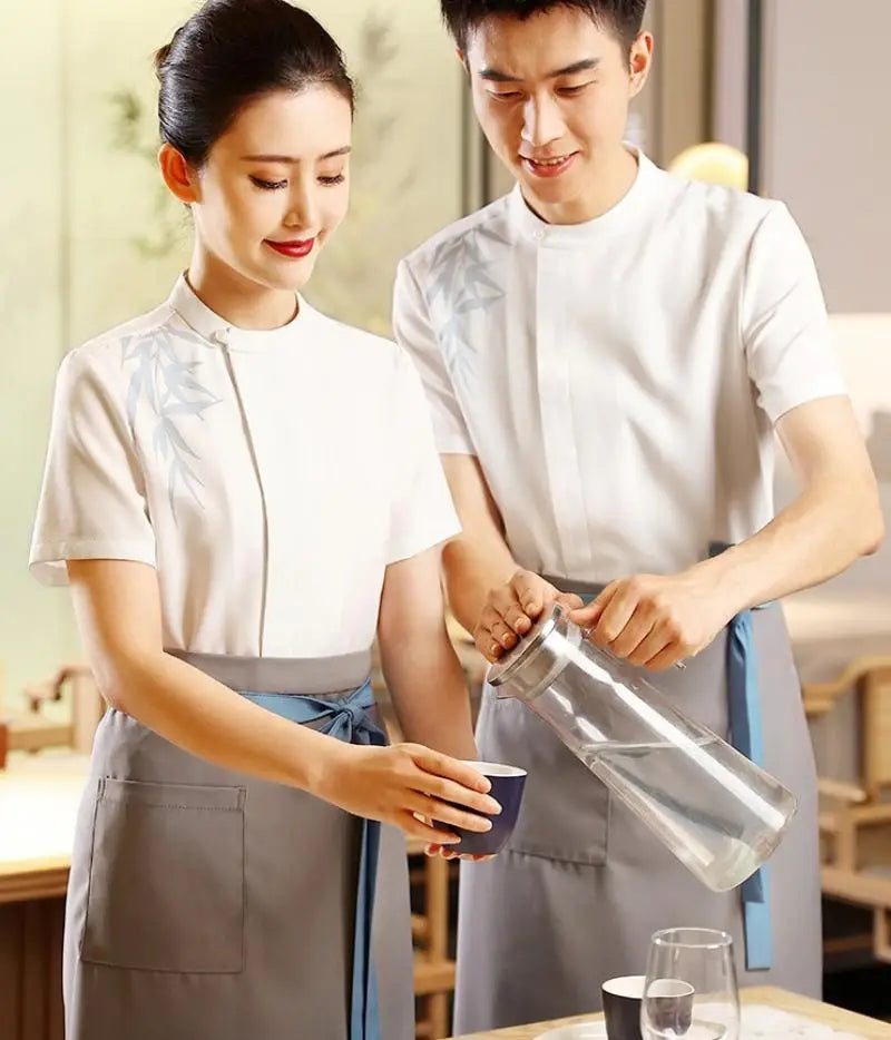 Chinese Style Restaurant Waiters Elegant Working Clothes Women Men Catering Fashion Long Sleeves Top Apron Set Uniform