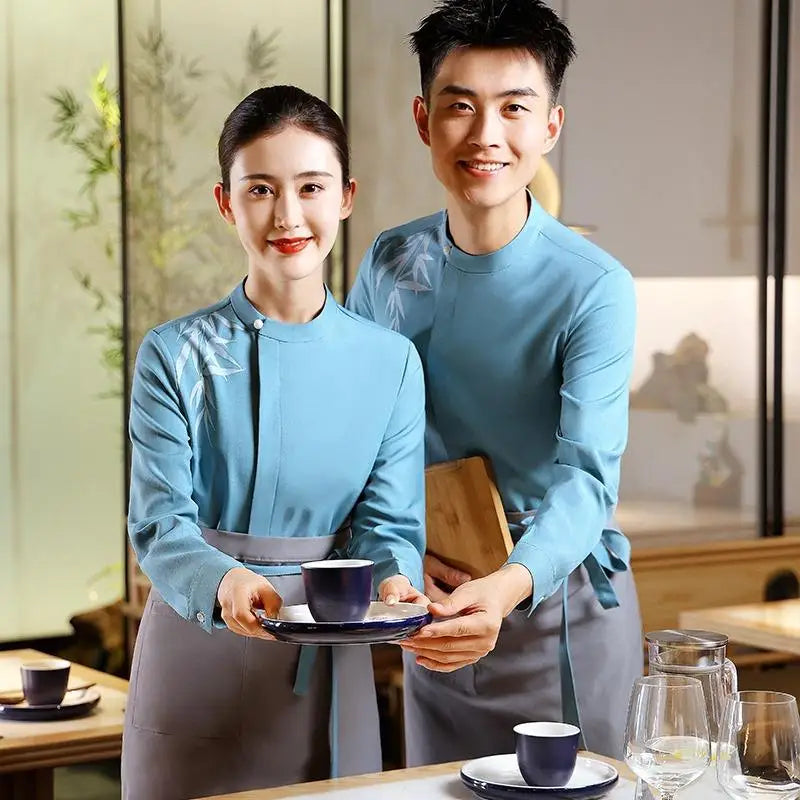 Chinese Style Restaurant Waiters Elegant Working Clothes Women Men Catering Fashion Long Sleeves Top Apron Set Uniform