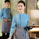 Chinese Style Restaurant Waiters Elegant Working Clothes Women Men Catering Fashion Long Sleeves Top Apron Set Uniform