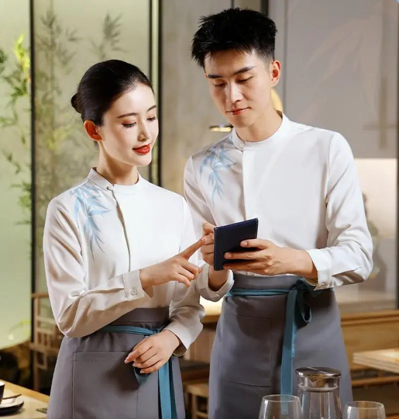 Chinese Style Restaurant Waiters Elegant Working Clothes Women Men Catering Fashion Long Sleeves Top Apron Set Uniform