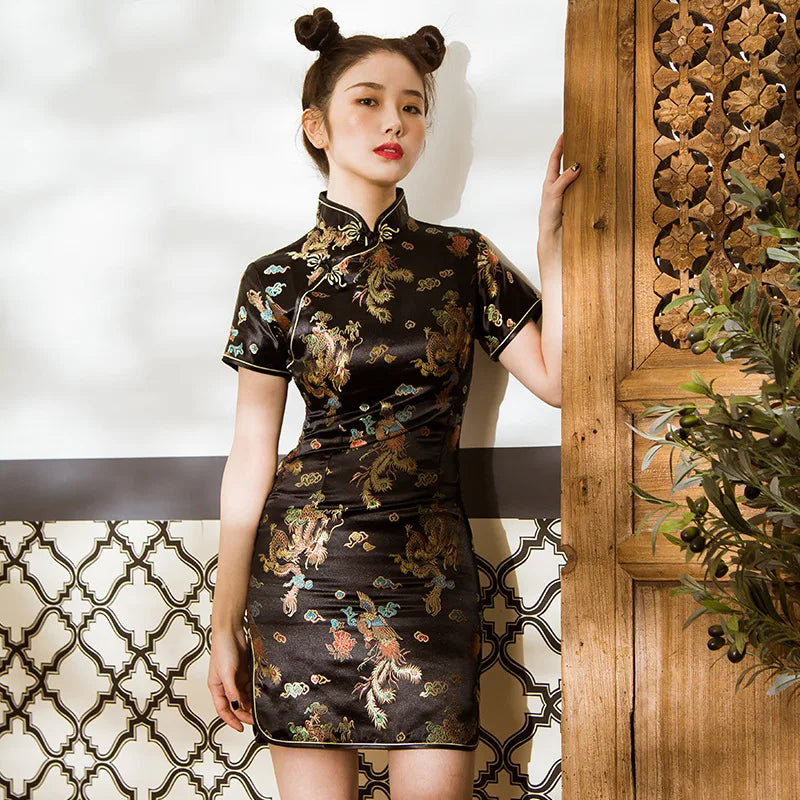 Chinese Women Cheongsam Costume Retro Classic Chinese Qipao Dress Cosplay So Cool Black Dragon Phoenix Vestidos Halloween Dress