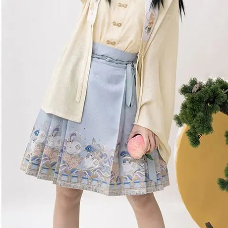 Chinese traditional hanfu clothing vintage JK suit printing folk dance Skirt gold stamping improved hanfu Horse face short skirt