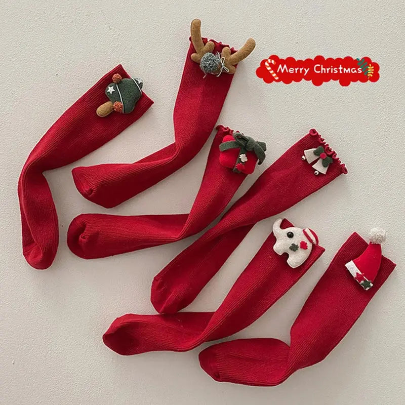 Christmas Kids Socks Winter Warm Knitted Cotton Knee High Socks For Girls Children Cartoon Red Long Sock Leg Warmer