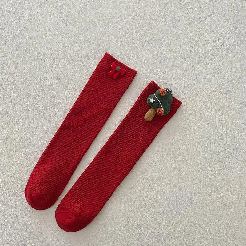 Christmas Kids Socks Winter Warm Knitted Cotton Knee High Socks For Girls Children Cartoon Red Long Sock Leg Warmer