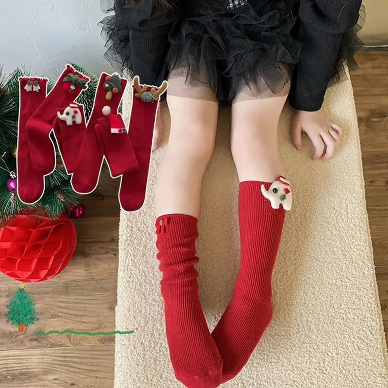 Christmas Kids Socks Winter Warm Knitted Cotton Knee High Socks For Girls Children Cartoon Red Long Sock Leg Warmer