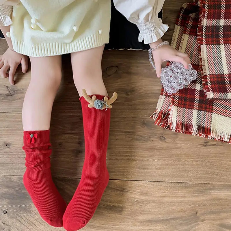 Christmas Kids Socks Winter Warm Knitted Cotton Knee High Socks For Girls Children Cartoon Red Long Sock Leg Warmer