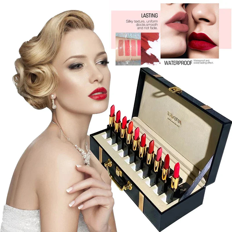 Christmas Lipstick Set Wooden Box Lip Gloss Collection Not Easy to Fade Moisturizing Nude Makeup Kit Birthday Gift 10 Pcs