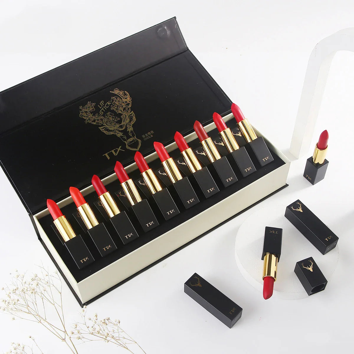 Christmas Lipstick Set Wooden Box Lip Gloss Collection Not Easy to Fade Moisturizing Nude Makeup Kit Birthday Gift 10 Pcs