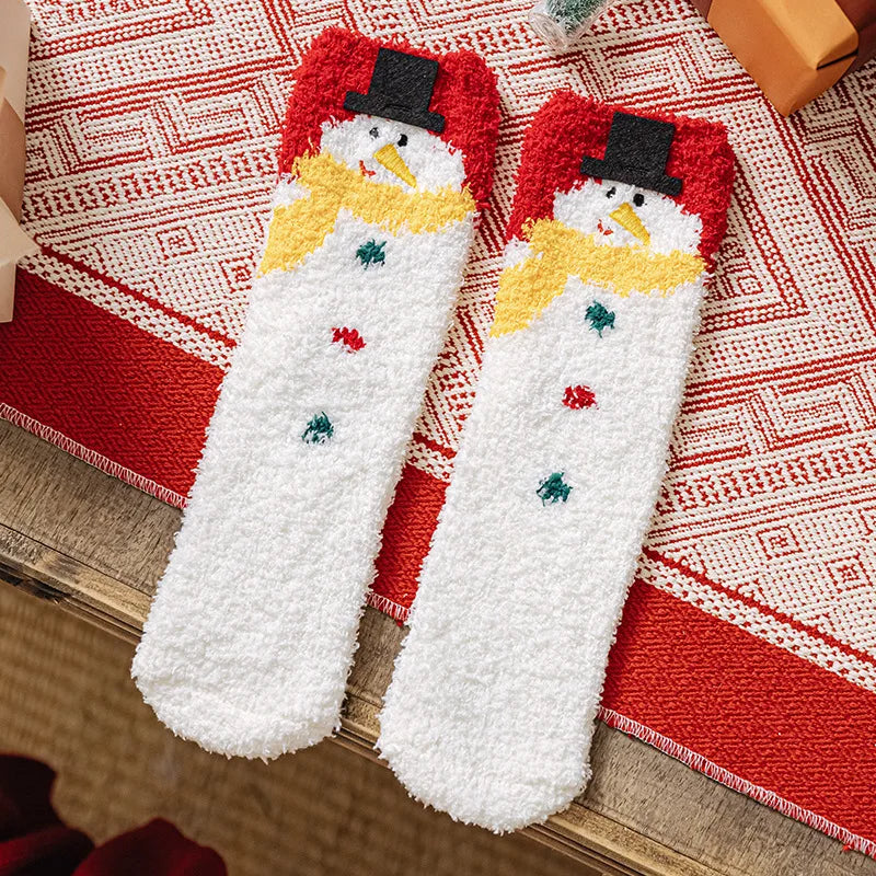 Christmas New Year Terry Sock Coral Children's Fleece Cotton Mid Tube Socks Cute Cartoon  Santa Plush Thick Baby Knee Leg Warmer