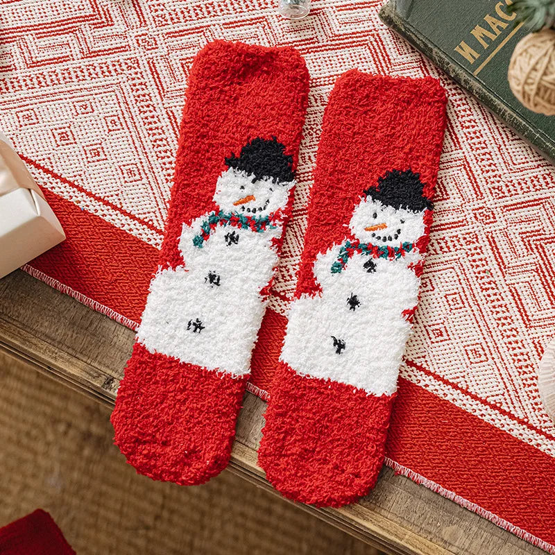 Christmas New Year Terry Sock Coral Children's Fleece Cotton Mid Tube Socks Cute Cartoon  Santa Plush Thick Baby Knee Leg Warmer