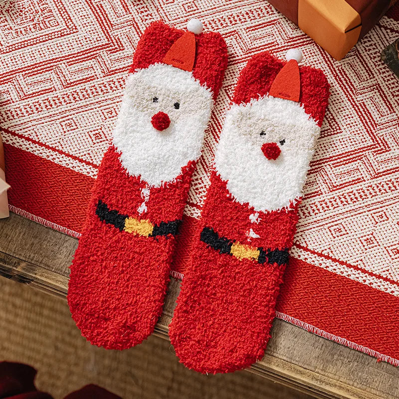 Christmas New Year Terry Sock Coral Children's Fleece Cotton Mid Tube Socks Cute Cartoon  Santa Plush Thick Baby Knee Leg Warmer