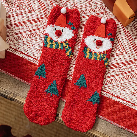 Christmas New Year Terry Sock Coral Children's Fleece Cotton Mid Tube Socks Cute Cartoon  Santa Plush Thick Baby Knee Leg Warmer