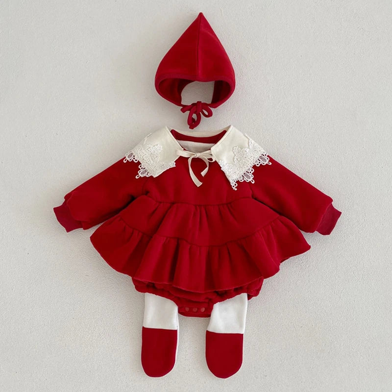 Christmas Red Newborn Baby Girl Bodysuits Dress Autumn Winter Thickening Jumpsuits with Hats for Infant Toddler Clothes