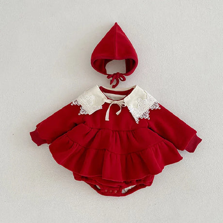 Christmas Red Newborn Baby Girl Bodysuits Dress Autumn Winter Thickening Jumpsuits with Hats for Infant Toddler Clothes