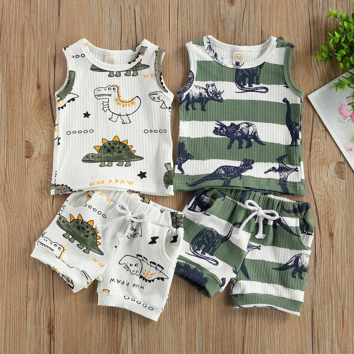 Citgeett Summer Infant Baby Boys Girls Tracksuits Cartoon Dinosaur Print Sleeveless Vest + Elastic Shorts Clothes Set