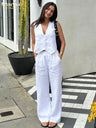 Clacive Summer White Linen Two Piece Set For Women 2023 Fashion Sleeveless Tank Top New In Matching High Waist Wide Pants Set