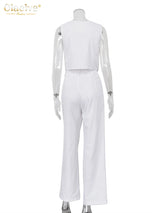 Clacive Summer White Linen Two Piece Set For Women 2023 Fashion Sleeveless Tank Top New In Matching High Waist Wide Pants Set