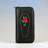 Coffin & Rose Pattern Long Wallet, Gothic Zipper Around Coin Purse, Halloween Large Capacity Purse