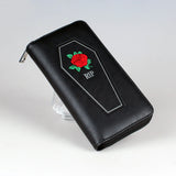 Coffin & Rose Pattern Long Wallet, Gothic Zipper Around Coin Purse, Halloween Large Capacity Purse