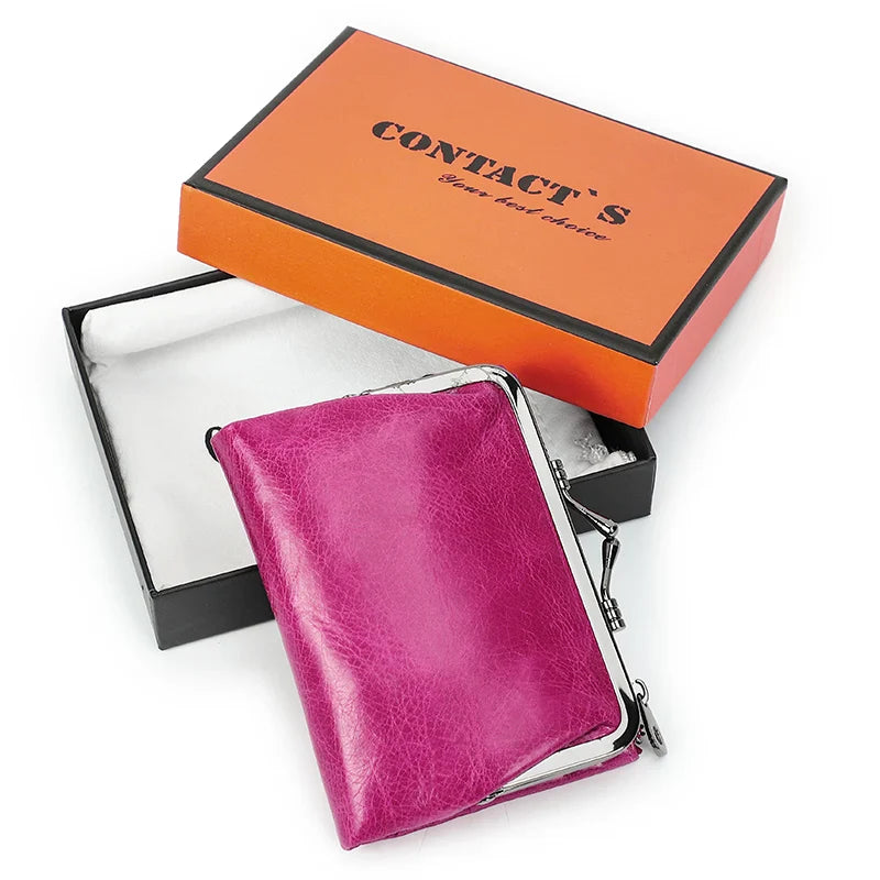 Contact'S Genuine Leather Wallet Women Small Metal Frame Purse Ladies Hasp and Zipper Coin Pocket Credit Card Holder