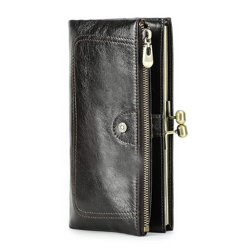 Contact'S Long Wallet Women Genuine Leather Metal Frame Credit Card Holder Hasp and Zipper Woman Phone Purse 4 Color