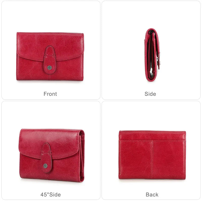 Contact'S Small Wallet Women Genuine Leather ID Credit Cards Holder Wallets Red Fashion Hasp Trifold Purse Case Soild Pattern