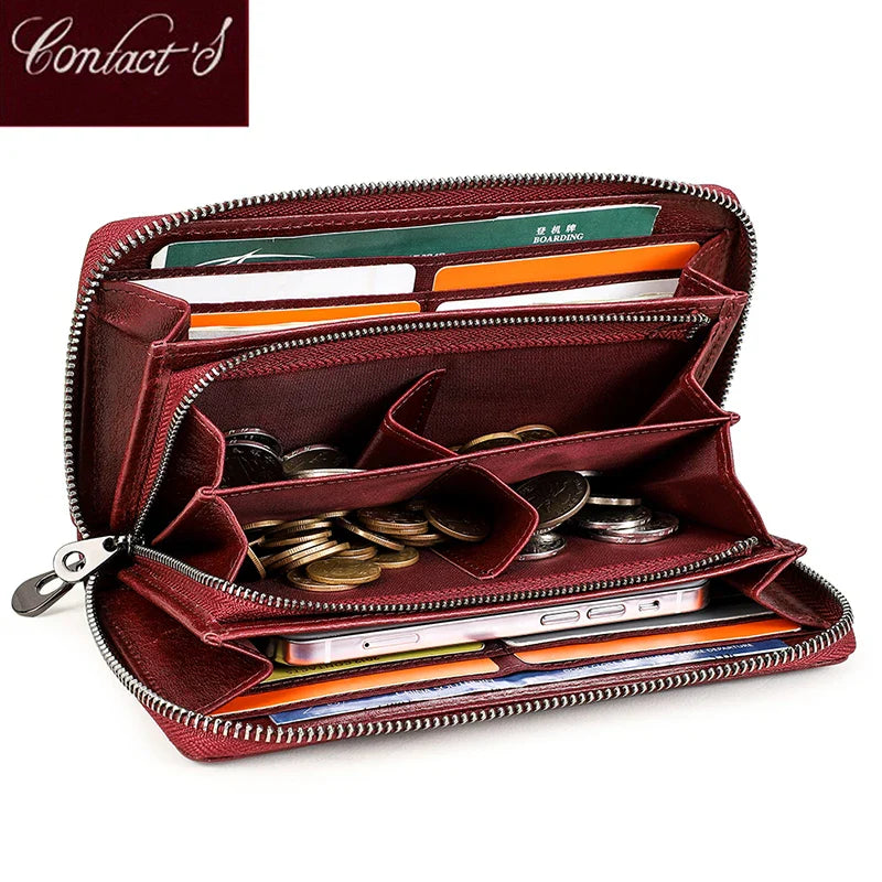 Contact's 2023 Women Wallets Genuine Leather Card Holder Female Purse Zipper Wallet For Women Fashion Clutch Bag Rfid Carteras