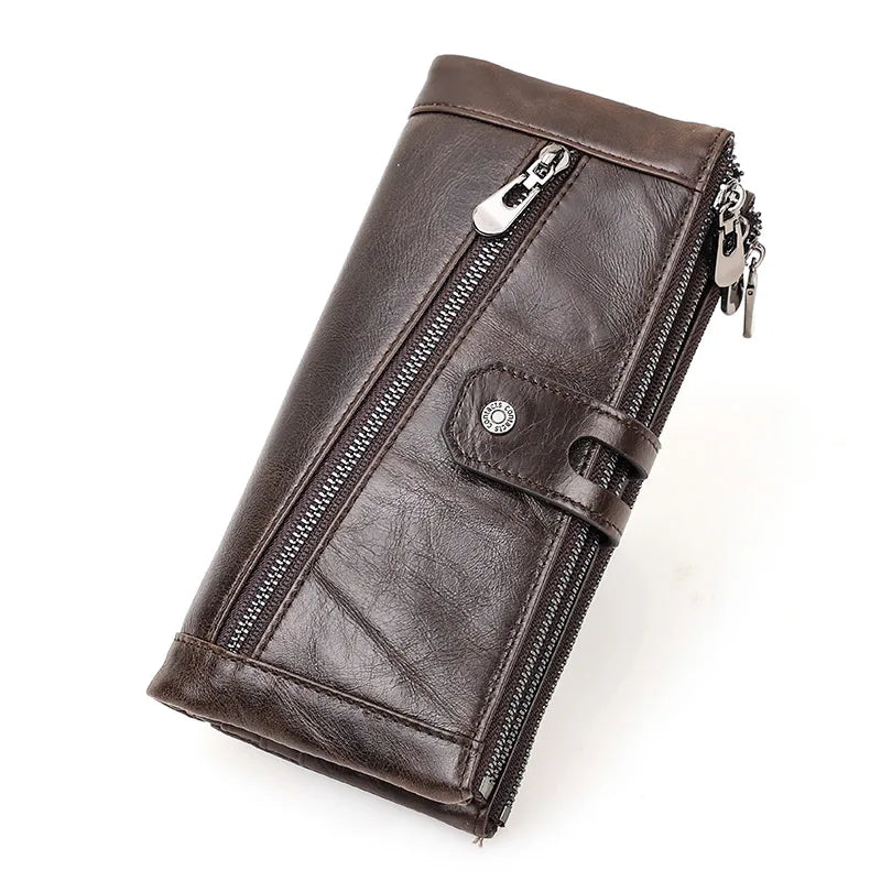 Contact's Free Engraving Genuine Leather Wallet Men Zipper Capacity Male Long Money Purse Phone Pocket Card Holder New Portfel