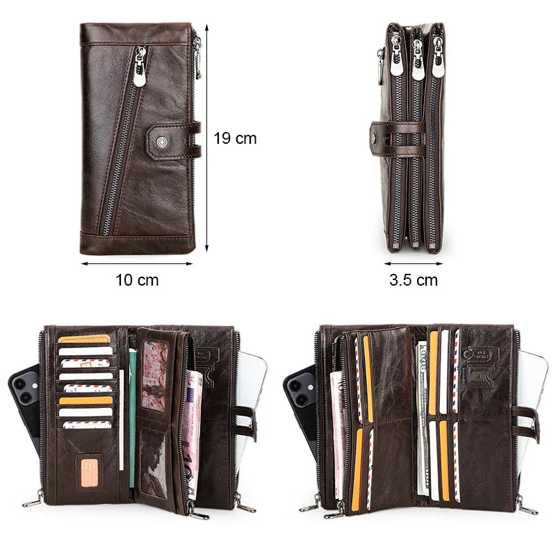 Contact's Free Engraving Genuine Leather Wallet Men Zipper Capacity Male Long Money Purse Phone Pocket Card Holder New Portfel