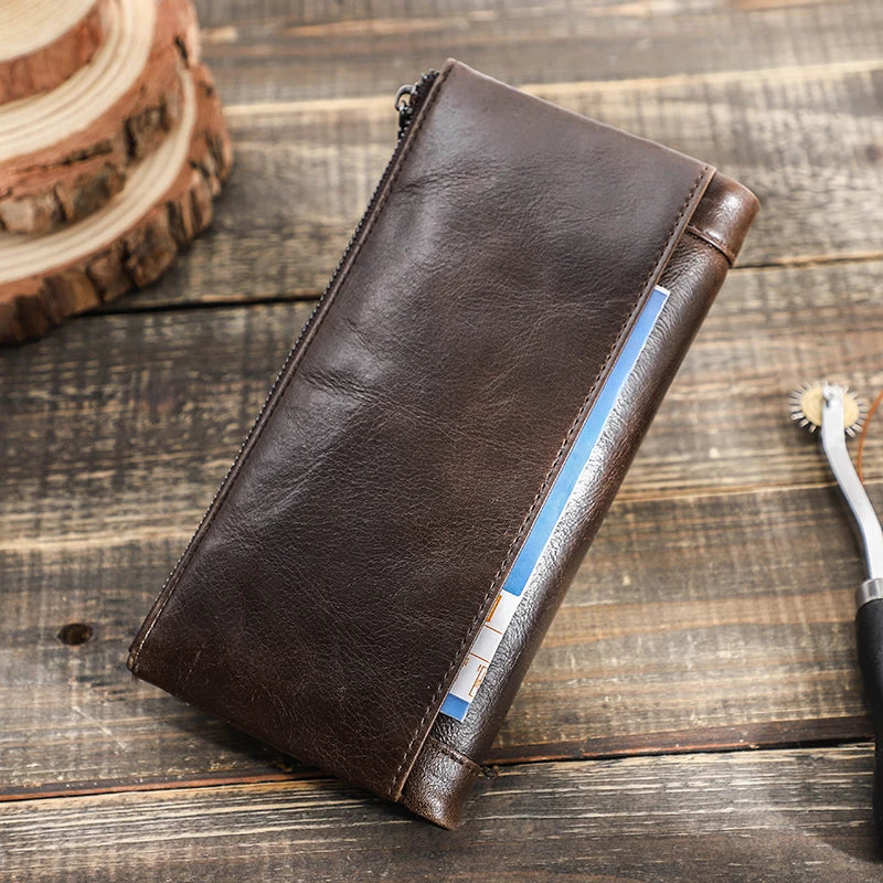 Contact's Free Engraving Genuine Leather Wallet Men Zipper Capacity Male Long Money Purse Phone Pocket Card Holder New Portfel